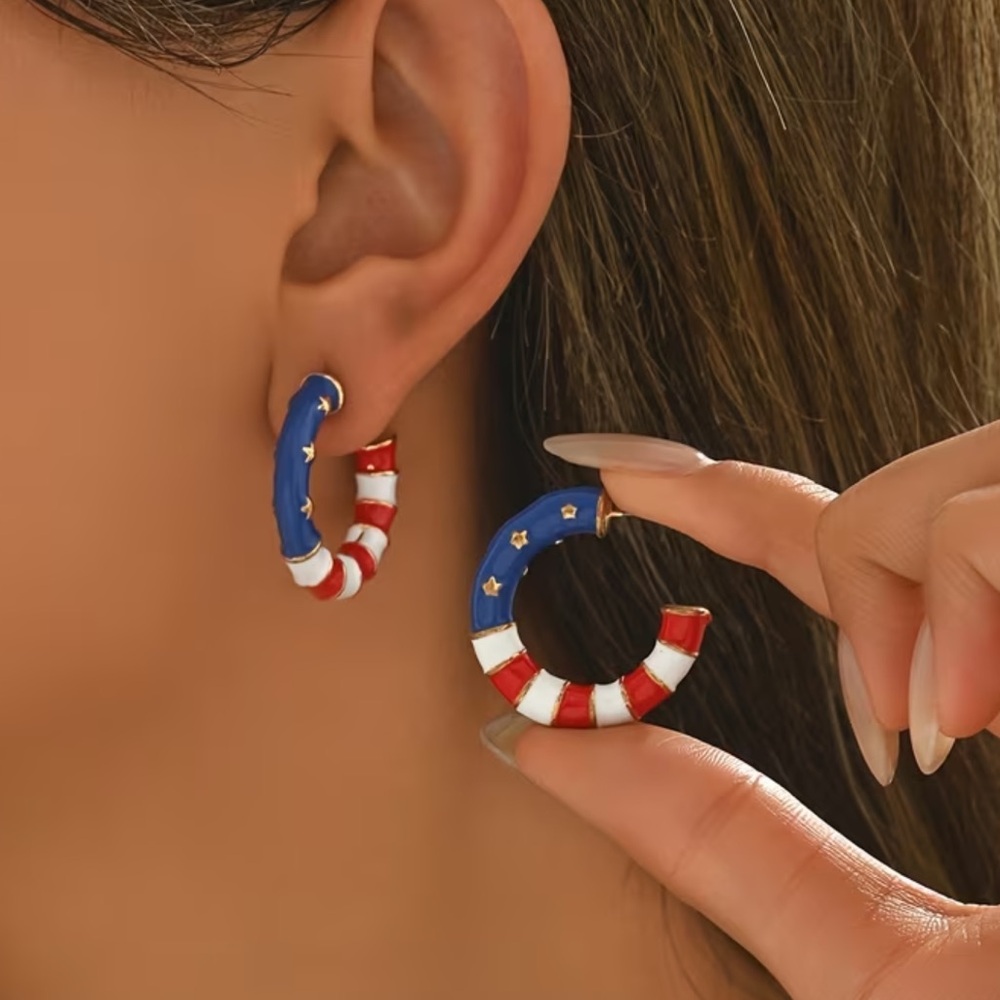 Patriotic Red White Blue Star Hoop Earrings - Picture 2 of 7